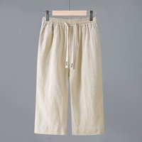 Men's Straight Casual Cotton Linen 7-points Pants Lightweight Baggy Solid Middle Pants Outdoor Breathable Calf-Length Pants