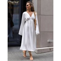 Clacive Fashion Loose White Women's Dress 2026 Autumn V-Neck Long Sleeve Ankle Length Dresses Elegant Classic Solid Female Dress