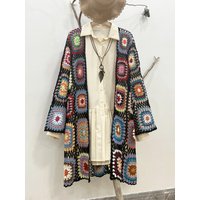 Grandma's Knitted Hooked Floral Open Cardigan Design Hand Crocheted Knittedwear Comfortable Soft Style for Women