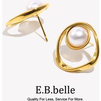 E.B.belle Gold/Silver Color Hollow Round Imitation Pearl Stud Earring Minimalist Style Women Stainless Steel Jewelry For Party