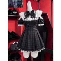 Summer Japanese Dark Goth Academy Style Dress Women's Bow Lace Off Shoulder Plaid Dress Y2K Harajuku Jirai Kei Dress Yami Kawaii