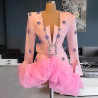 Luxury Pink Prom Gowns Ruffled Bottom Above Knee Length Custom Crystals Prom Dresses Full Sleeve Beads Party Dress Pleat Short