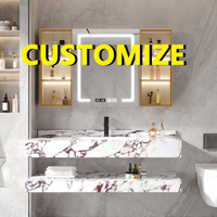 Any Size Custom Smart LED Mirror Natural Marble Bathroom Vanity Sink Seamless Floating Anti Fog Easy Clean Multi Stone Opts