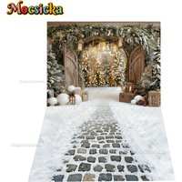 Tło fotograficzne Mocsicka, świąteczny, zimowy łuk śnieżny, lampiony, choinka, drewniane drzwi, tło do zdjęć, zima, dzieci, rodzina, studio fotograficzne.