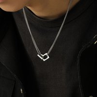 Silver Stainless Steel Geometric Interlocking Square Pendant Cuban Necklace Tarnish Proof Minimalist Jewelry Gift for Birthday H