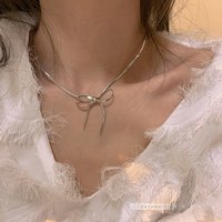 Stainless Steel New Fashion Waterproof Bow Necklace for Women Snake Bone Chain Bowknot Charm Necklaces Silver Color Jewelry