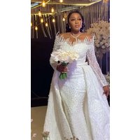 Off Shoulder Pearls Beads Wedding Dresses Luxury Mermaid with Detachable Train African Bridal Gowns Plus Size Robe De Mariees