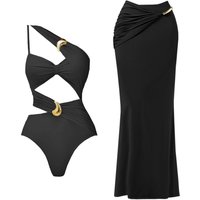 2Pcs One Shoulder Swimsuit With Long Skirt Women Sexy Bikini Female Bandeau Biquini Hollow Swimwear Button Bathingsuit Beachwear