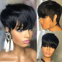 Sleek Short Straight Bob Pixie Human Hair Wig With Bangs For Women Peruvian Glueless Wig Colored Burgundy Red Blonde Wigs