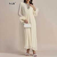 VGH Fashion Spliced Feathers Loose Chic Dress For Women O Neck Long Sleeve Hollow Out Patchwork Diamonds Pleated Dresses Female