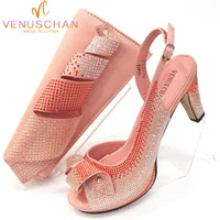 Venus Chan Newest INS Style Peach Color Rhinestone Elegant High Heels Nigeria Popular Design African Ladies Shoes And Bag Set