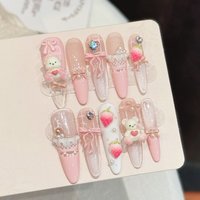 10PCS Stiletto Handmade Press On Nails,Dream Powder Strawberry Bear Girl Heart,Suitable For Festivals Parties And Daily Wear.