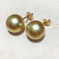 HUGE AAAA 9-14mm real natural Round Golden South Sea Pearl Earrings 14K gold