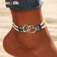LENNIK New Beach Vacation Style Double-layer Rice Bead Ankle Chain Bohemian Style Double Heart Turquoise Women's Ankle Chain