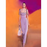 New Women High Waist Light Purple Sleeveless Rhinestone Wide Leg Jumpsuit Bodycon Celebrity Club Party Bandage Jumpsuit