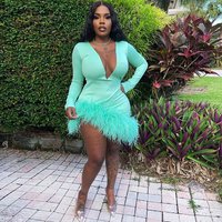 Sexy Night Clubwear Party Mini Dress Women Long Sleeve V-neck Feathers Bodycon Dresses Birthady Outfits Vestidos De Fiesta 2022