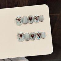10pcs Handmade Short Square False Nails Sea Blue Cat's Eye Press On Nails 3D Brown Bowknot Designs Wearable Y2k Stars Fake Nail