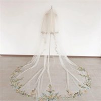 Two Layers 2T Floral Wedding Bridal Veils With Comb Blusher Pink Blue Embroidered Flowers Green Leaves Unique Cathedral Brides
