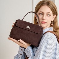 BURMINSA Suede Genuine Leather Shoulder Bags For Women Retro Top Handle Flap Crossbody Purse Elegant Work Soft Satchel Handbags