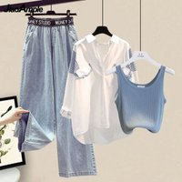 Women's Spring Summer New Denim Pants Matching Set 2026 Korean Elegant Shirt+Vest+Jeans Three piece Female Strip Blouse Suit