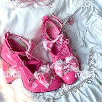 Japanese Sweet Lolita Love Heels Pointed Bow High Heels Pumps Shoes Girls Kawaii Lace Bow Rhinestone Wedding Lo Shoes Women