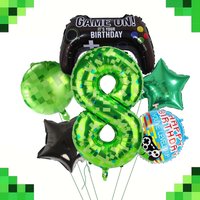 7pcs Gamer Birthday Decorations Including Large Green Pixel Number Balloons 0-9 Suitable for Game Theme Party Supplies
