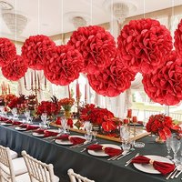 12pcs, Red Hanging Paper Flower Ball, Party Pompom, Wedding Party Celebration Decoration, Outdoor Decoration,