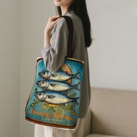 1pc Chic "Norwegian Sardines" Tote Bag Durable Polyester Large Capacity, Sturdy Handles, Ideal for Shopping Daily UseTote Bag