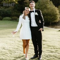 Elegant Short Wedding Dress Long Sleeve O-Neck Buttons Zipper Back Simple Bridal Gown Above Knee Vestidos De Noiva Customized