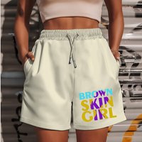 Women's "Brown Skin" Pattern Printed Shorts - Casual Summer Beach and Sportswear with Zippered Elastic Waist