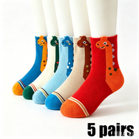 5 pairs of boys' socks, with cartoon big dinosaur pattern design, soft and comfortable, suitable for all seasons