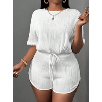 Summer minimalist round neck short sleeve dropped shoulder turned-up edge drawstring hem short top and body-shaping mini shorts