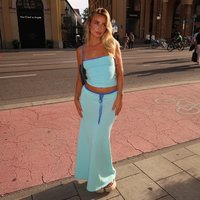 Summer 2024 New Pure Color Sleeveless Bandeau Top High Waist Long Skirt Women's Set European And American Trade Short Style