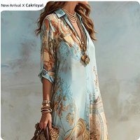 Women's Boho Vintage Baroque Print Shirt Maxi Dress Lapel 3/4 Sleeve Button Front Split Hem Chiffon Casual Beach Long Dresses