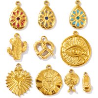 2 PCs 304 Stainless Steel Charms Round Eye of God Water Droplet Slippers Cactus 18K Gold Plated Pendant For Necklace DIY Making