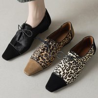 Women's natural suede leather leopard horsehair patchwork square toe lace-up flats oxfords high quality soft comfortable shoes