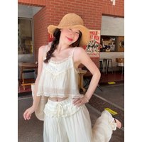 Summer Vacation Style Set White Lace Trim Halter Vest Women High Waist Wide Leg Lantern Pants Casual Loose Fit Two Piece Suit