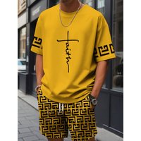 New Men's Cross Print T-Shirt and Shorts Set Stylish Streetwear Short-Sleeve Top and Shorts Combination Holiday Men's Apparel
