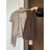 2025 New Retro Polka Dot High Waist A-Line Skirt Set Women's Autumn Winter Short Sleeve Top Bottoms Matching Slimming Ensemble