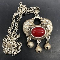Vintage Tibetan Silver Inlaid Simulated Ruby Fortune Lock Pendant, Ethnic Sweater Chain Necklace