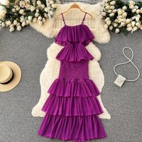 French Vintage Ruffle Chiffon Slip Sweet Long Dress Chic Elegant Beach Vacation Vestidos Summer Fashion A-line Pleated Dresses