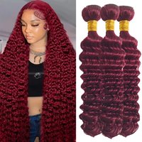 99J Color Burmese Curly Hair Bundle Burgundy Human Hair Bundle Extension Red Human Hair Weave Deep Water Wave 1/3/4 Bundles