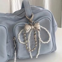 Y2K Fashion Cute Beaded Pearl Bowknot Keychain for Women Girls Metal Bow Pendant Bag Decoration Accessories