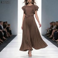 ZANZEA Women Elegant Pleated Detailing Maxi Dress Ruffles Sleeve O-neck Twisted Waist A-Line Dresses Runway Fashion Vestidos