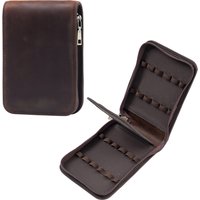 Genuine Leather 12-Slot Pen Case Vintage Zipper Pouch Organizer Large Capacity Multi-Pen Holder for Stationery & Writing Tools
