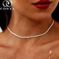 COSYA 2mm Full Moissanite Tennis Choker Necklace For Women 100% 925 Silver Adjustable 4-Claw NeckChain Wedding Fine Jewelry Gift