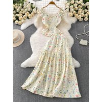 French Vacation Style Floral Half Skirt Two-piece Set for Women's Summer Sweet Ruffle Edge Shirt Top High Waisted Half Skirt Set