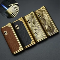 Genuine Leather Butane Gas Lighter Refillable Windproof Gentlemen Jet Flame Cigarette Torch Embossed Windproof Lighters Smoking