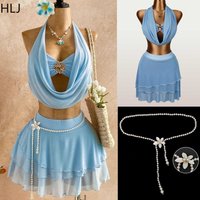 HLJ Women 3 Piece Light Blue Beach Outfit Set Halter Mesh Crop Top + Tiered Mini Skirt + Pearl Waist Chain Boho Y2K Summer 2026