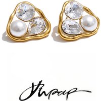 Yhpup Waterproof Stainless Steel Simulated Pearls Zirconia Triangle Stud Earrings Korean Chic Dainty 2026 Jewelry Recommend